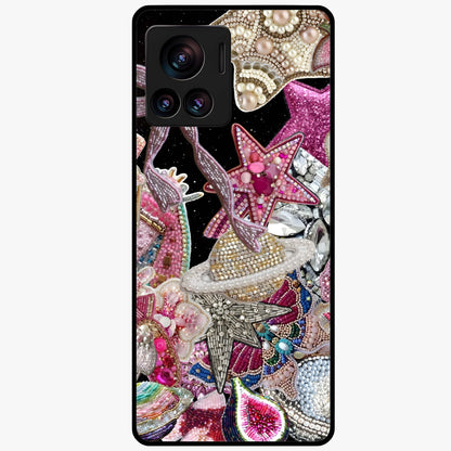 Starlit Jewel Dream Glass Case showing flat back view with sparkling jewel and star themed artwork and glossy glass finish.