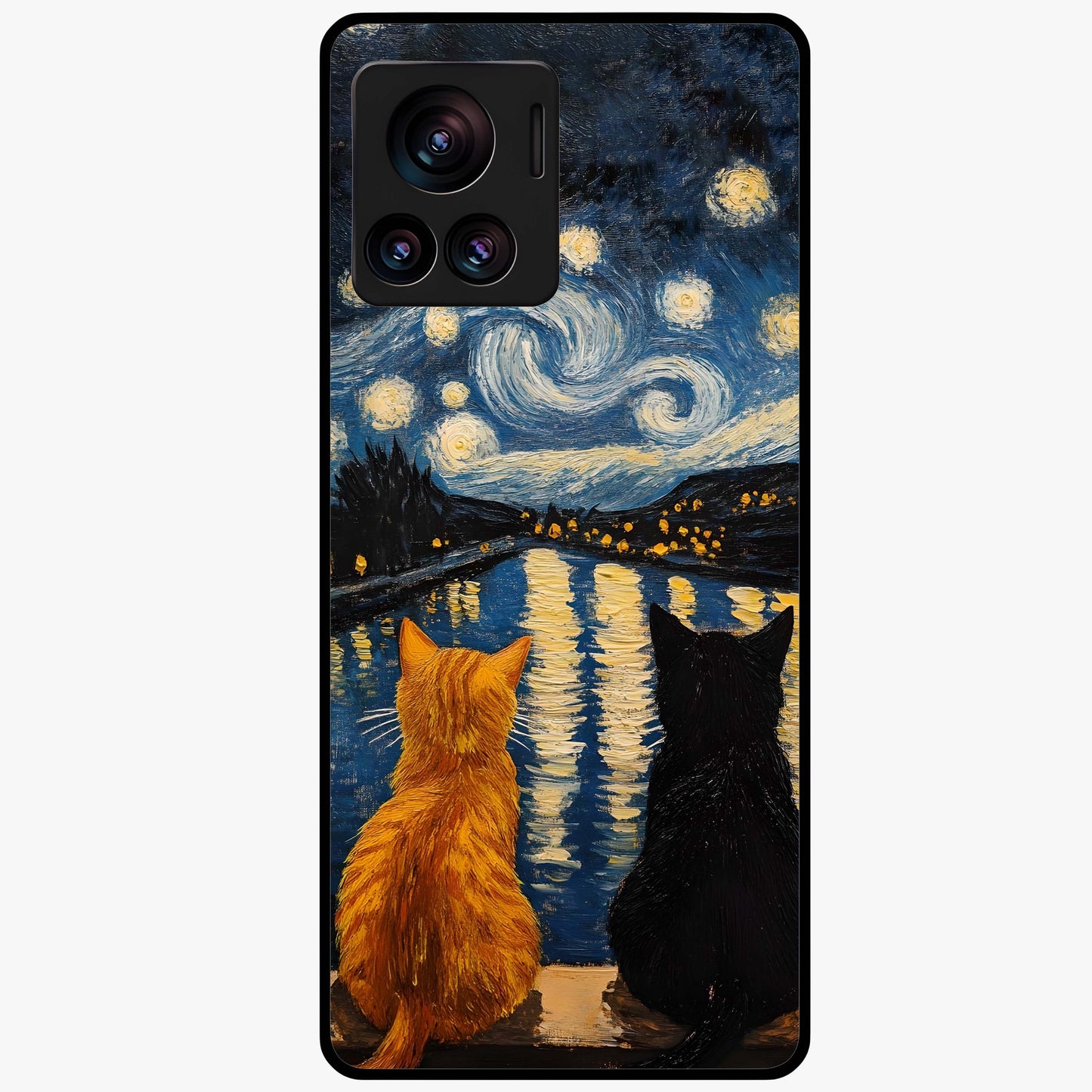 Starry River Cats Glass Case showing flat back view with cats by a starry river artwork and glossy glass finish.