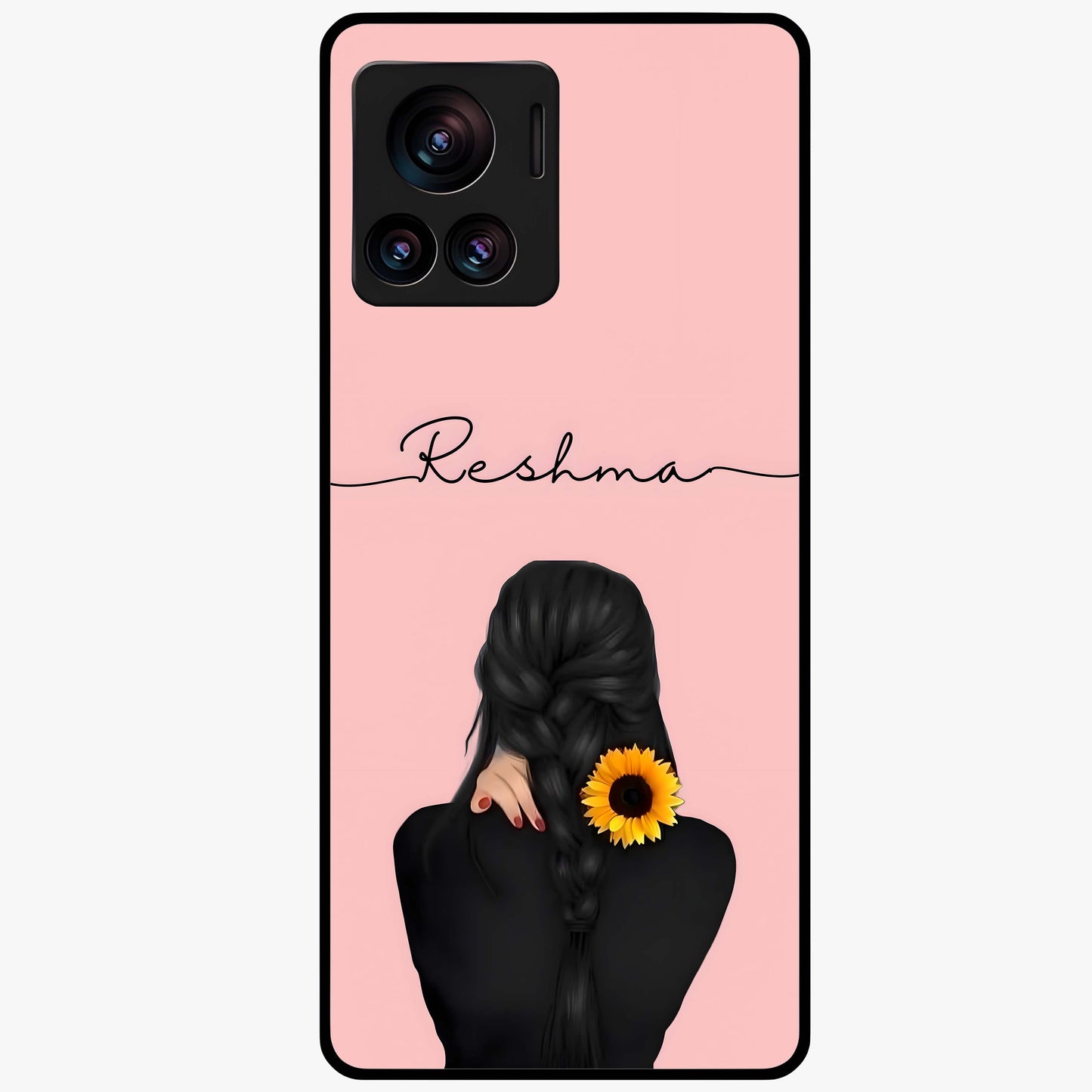 Sunflower Braid Beauty With Custom Name Glass Case showing flat back view with sunflower braid artwork and personalized name design.
