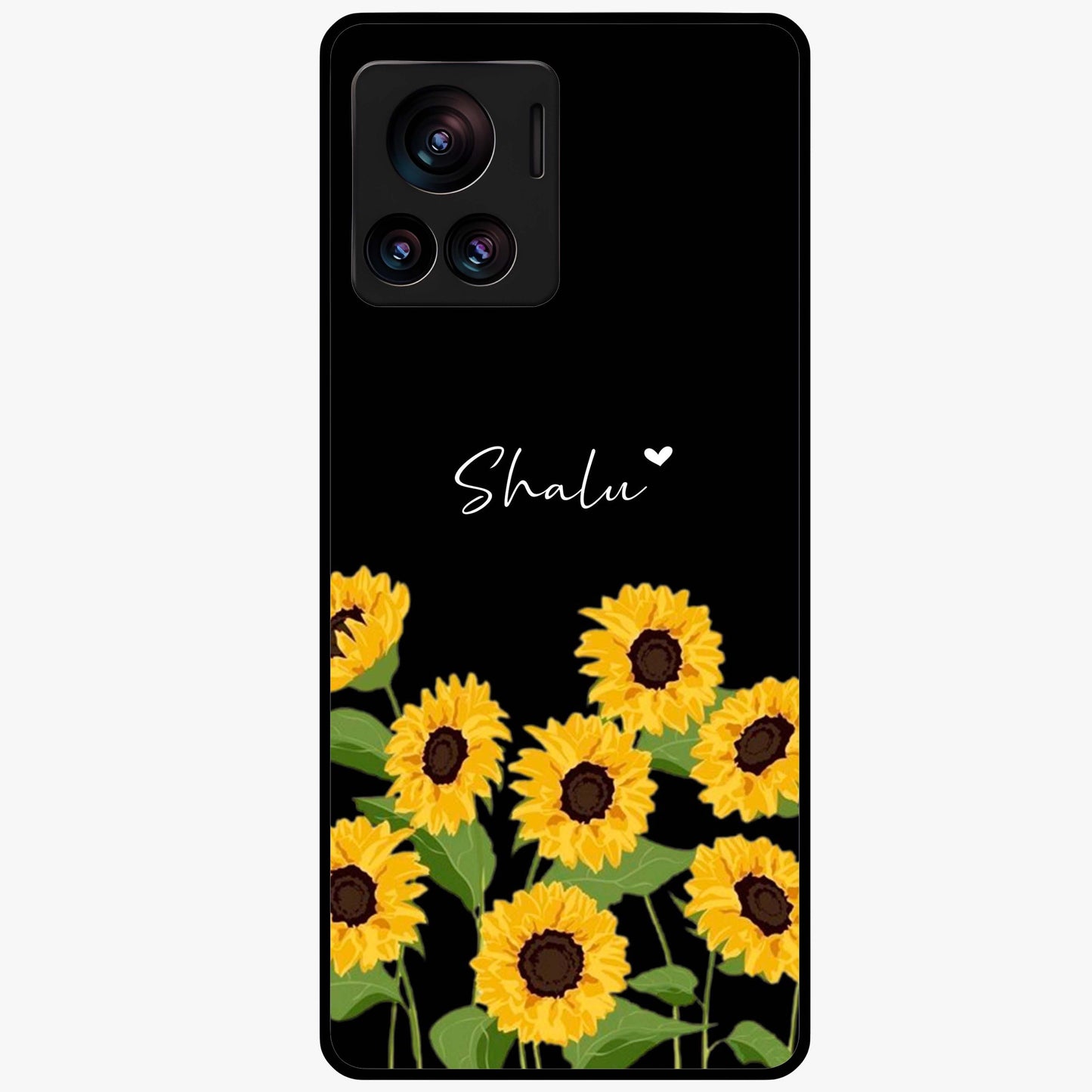 Sunflower Chic Mood Custom Name Glass Case showing flat back view with stylish sunflower artwork and personalized name design.