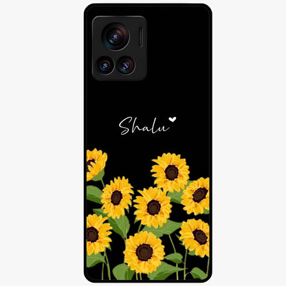 Sunflower Chic Mood Custom Name Glass Case showing flat back view with stylish sunflower artwork and personalized name design.
