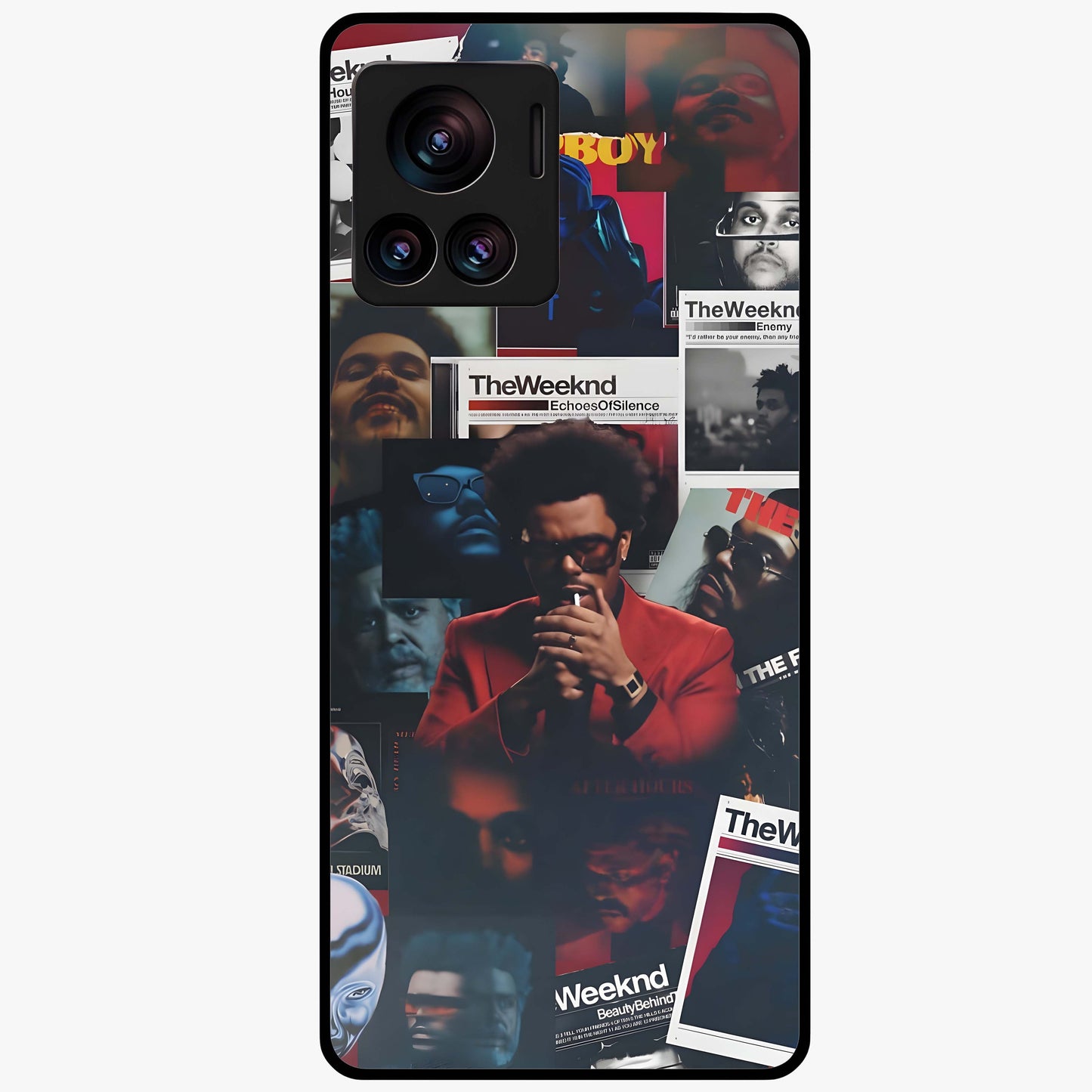 The Weeknd Glass Case showing flat back view with music inspired artistic portrait artwork and glossy glass finish.