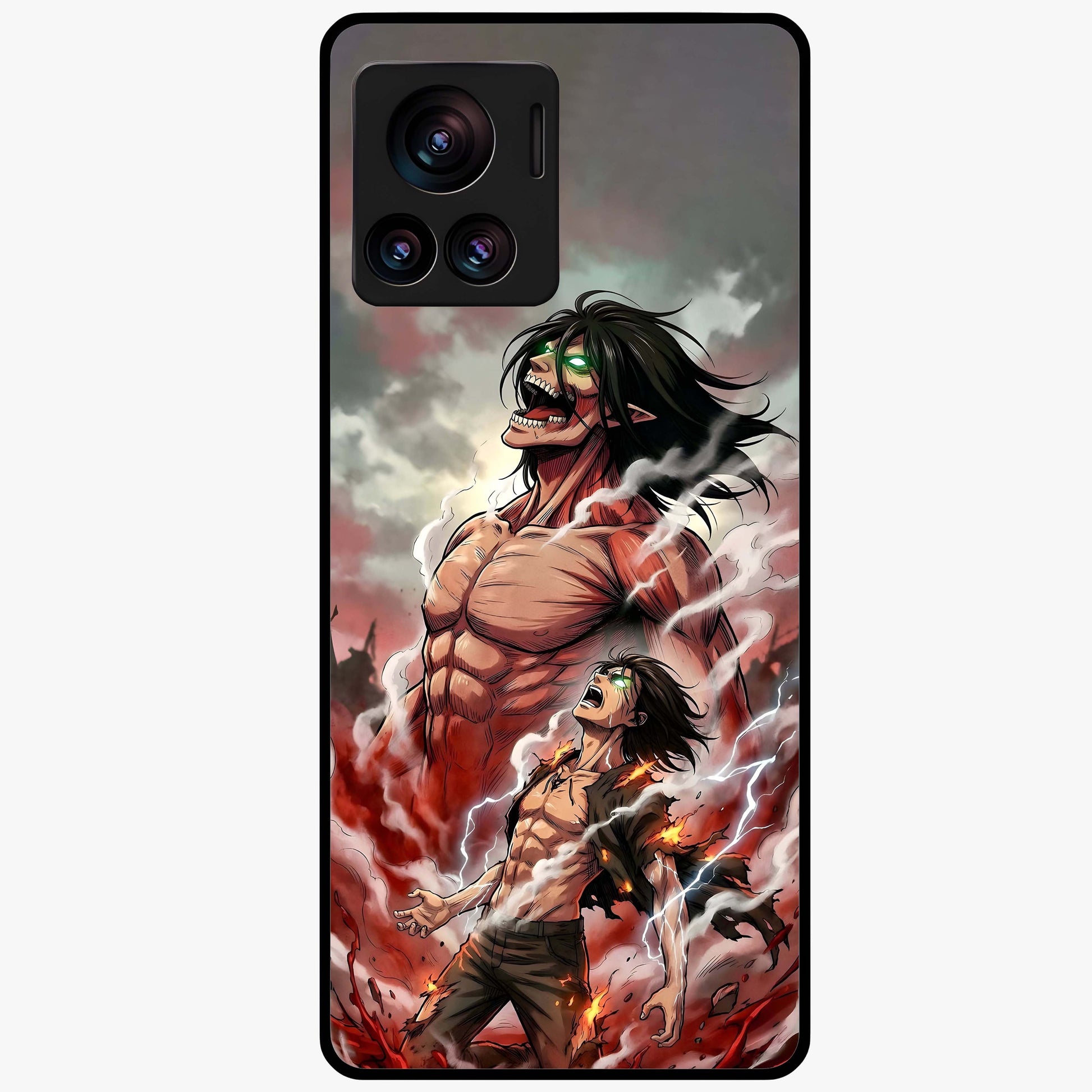 Titan Awakening Fury Glass Case showing flat back view with powerful titan inspired artwork and glossy glass finish.