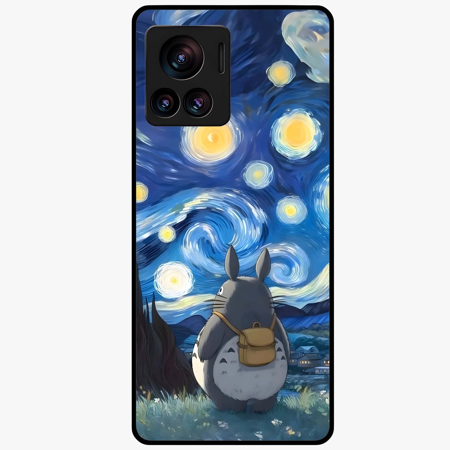 Totoro In Van Gogh Art Glass Case showing flat back view with whimsical character artwork inspired by Van Gogh style and glossy glass finish.