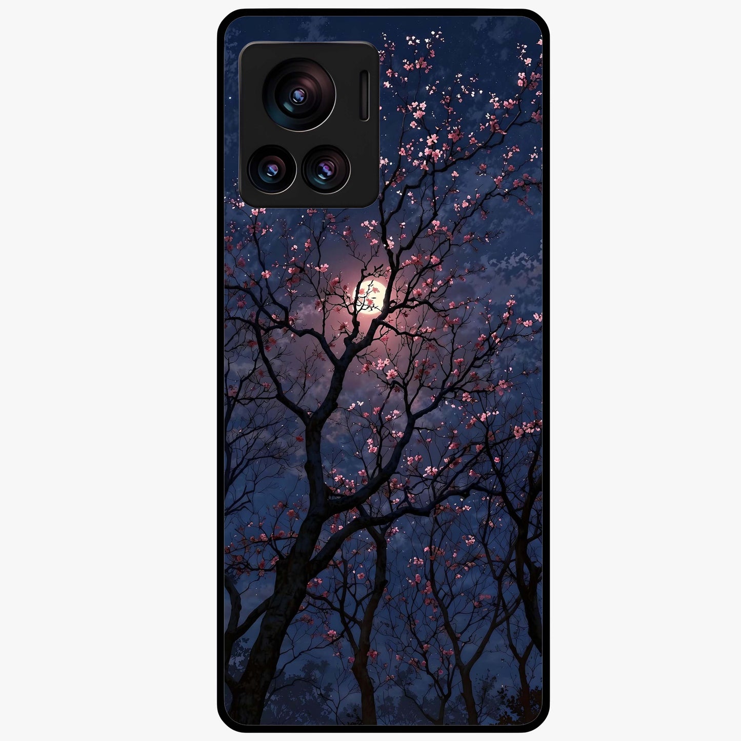 Twilight Sakura Serenade Glass Case showing flat back view with cherry blossom artwork at twilight and glossy glass finish.