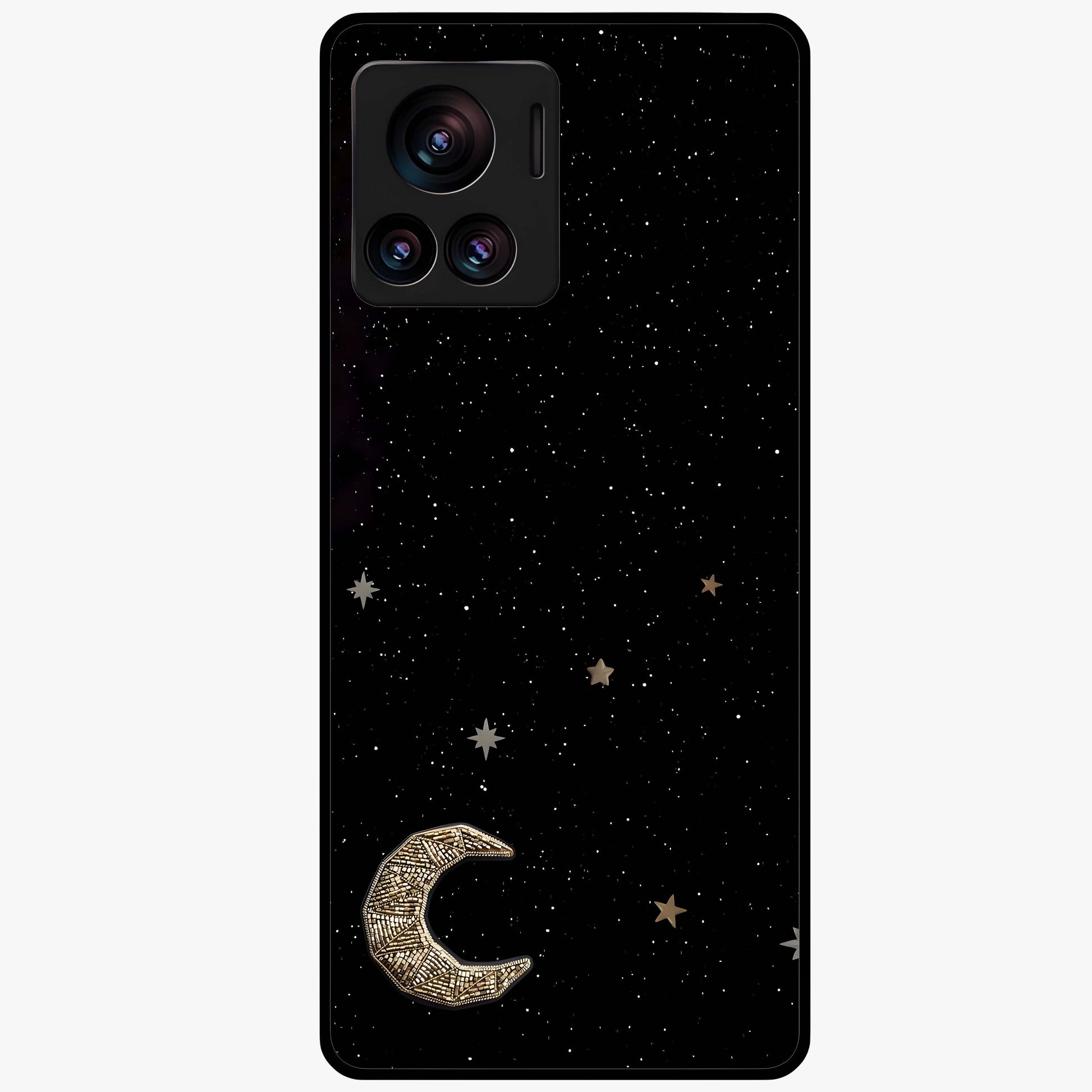 Twinkle Star With Half Moon Glass Case showing flat back view with star and half moon artwork and glossy glass finish.