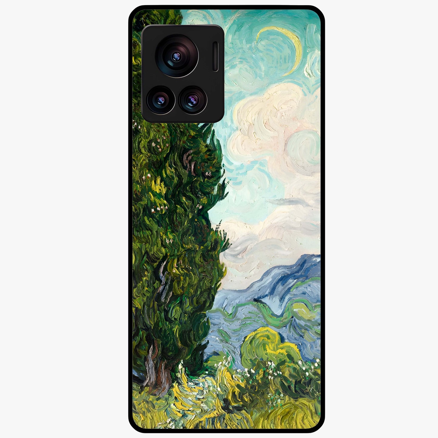 Van Gogh Vintage Art Glass Case showing flat back view with vintage painterly artwork inspired by Van Gogh style and glossy glass finish.