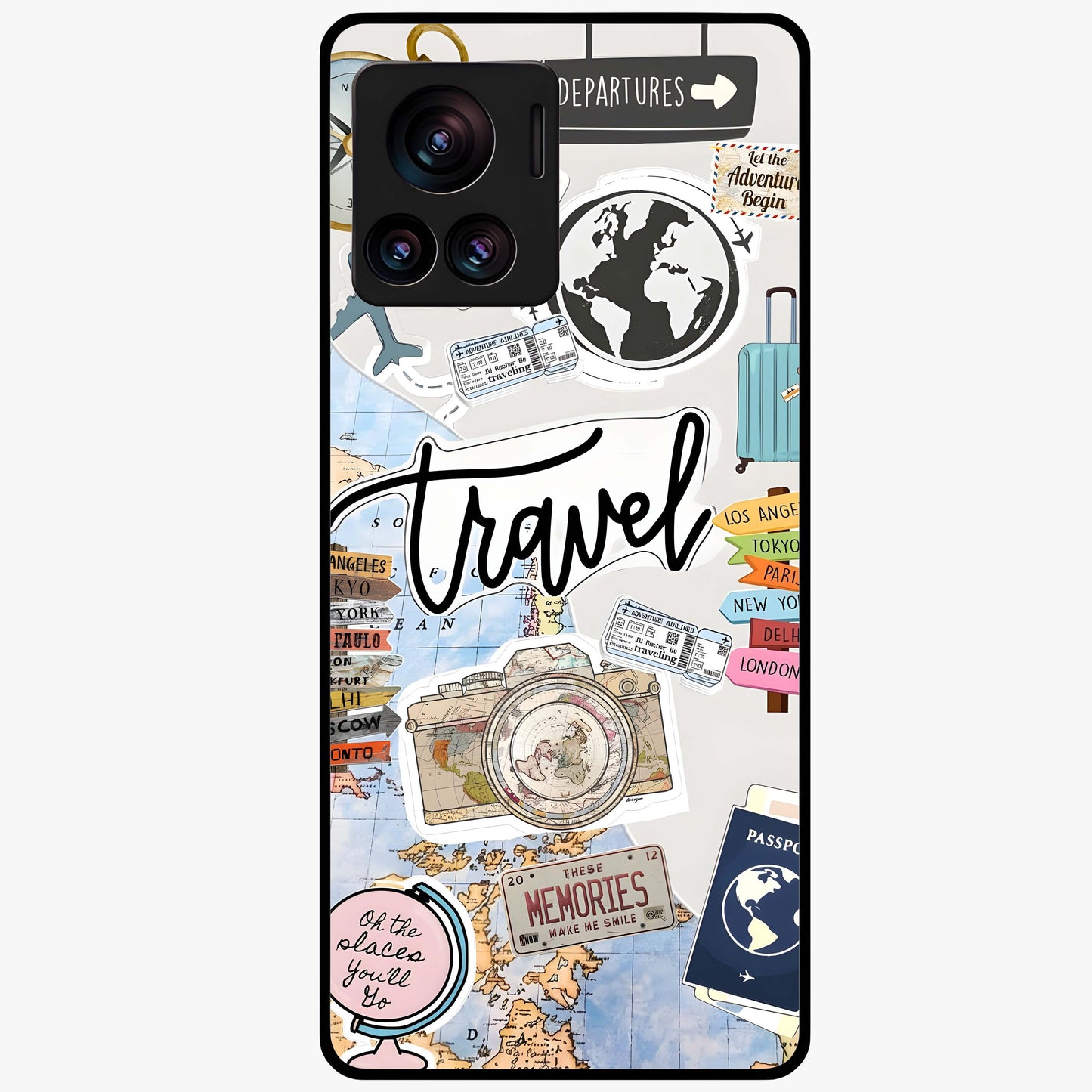 Wanderlust Journal Glass Case showing flat back view with travel inspired artwork and glossy glass finish.