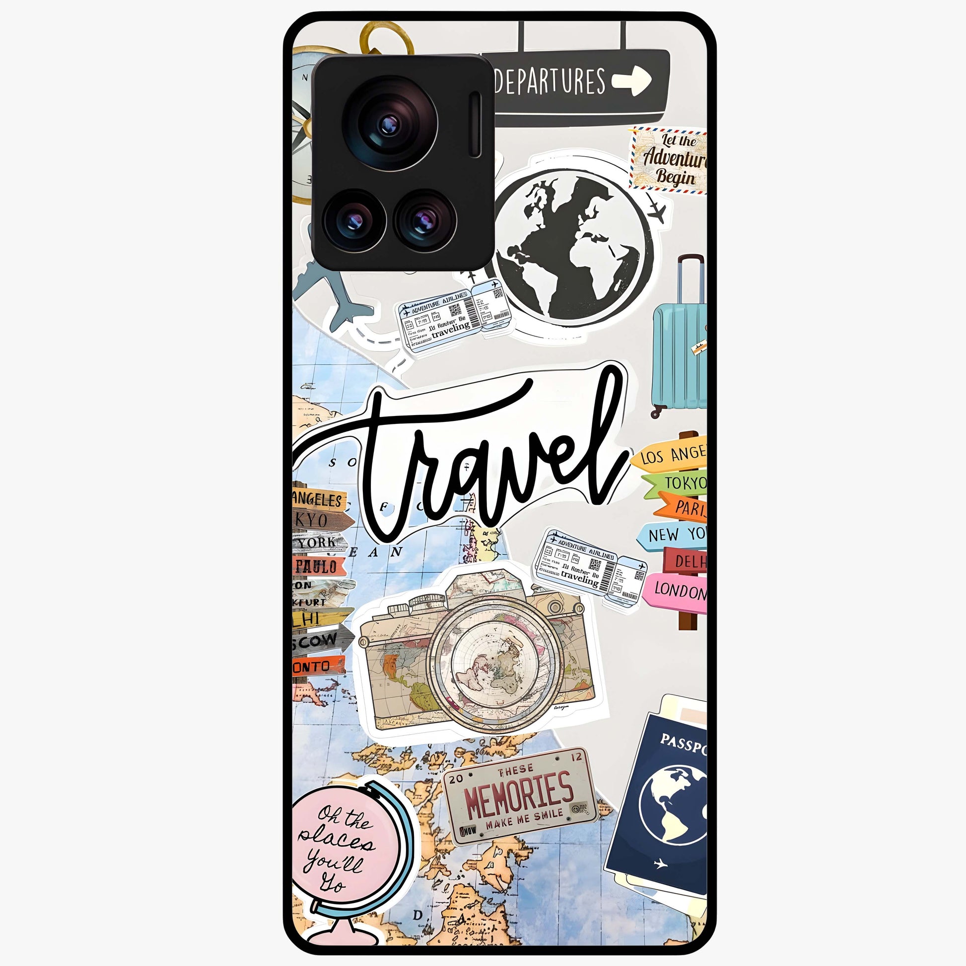Wanderlust Journal Glass Case showing flat back view with travel inspired artwork and glossy glass finish.
