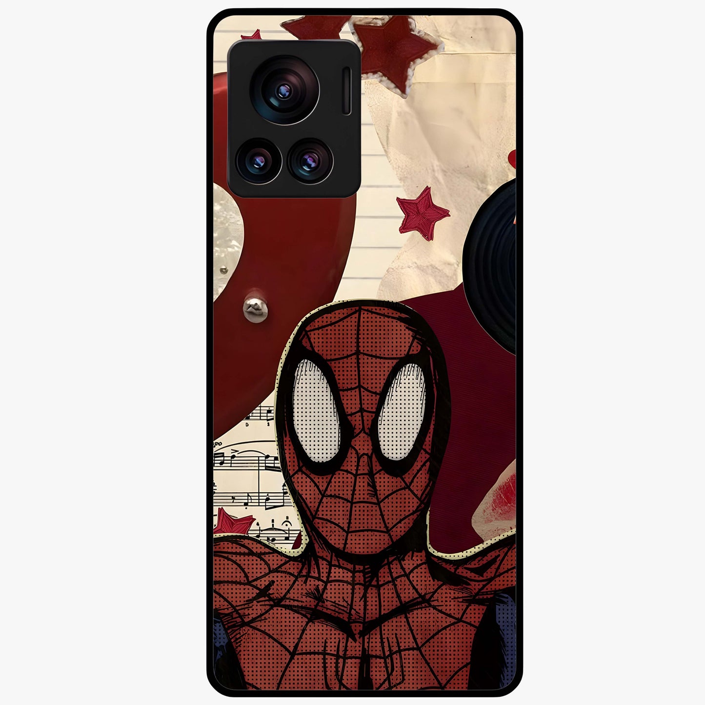 Web Warrior Vibes Glass Case showing flat back view with superhero inspired web themed artwork and glossy glass finish.
