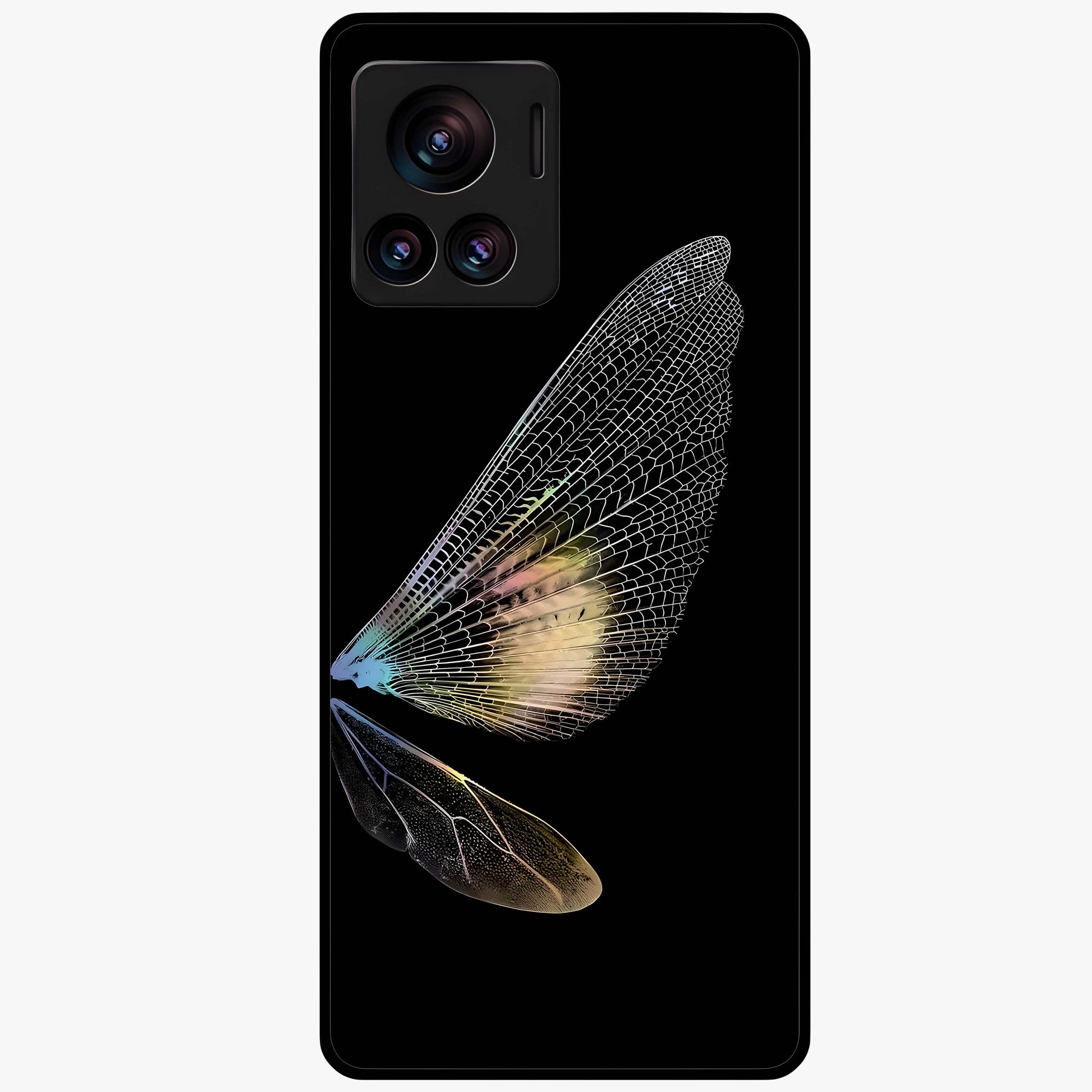 Whispers Of Wings Glass Case showing flat back view with graceful wing inspired artwork and glossy glass finish.