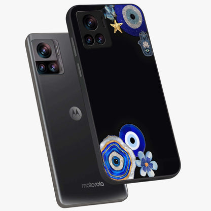 Aesthetic Blue Evil Eye Glass Case displayed in angled mockup highlighting blue evil eye symbol and spiritual aesthetic design.