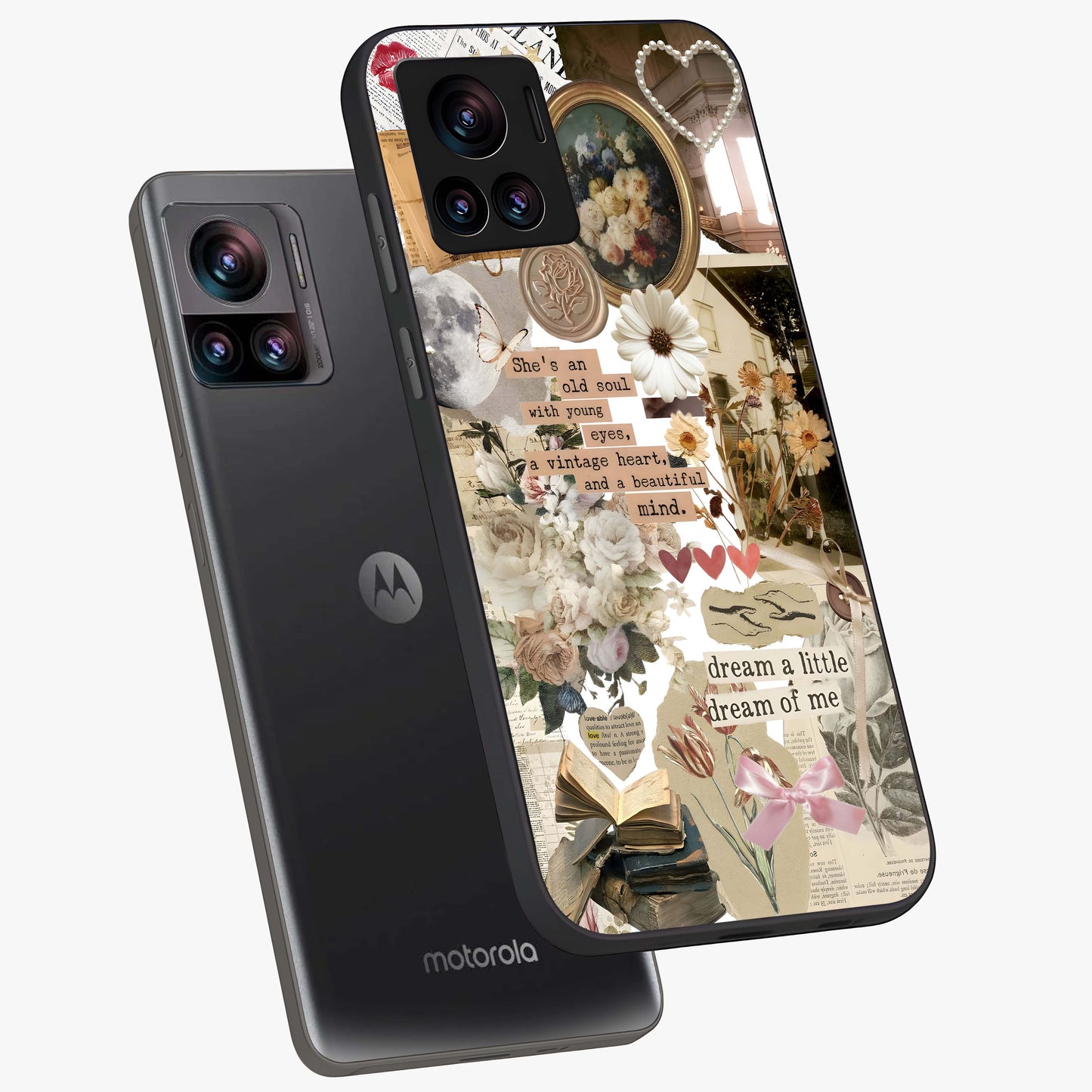 Aesthetic Brown Vintage Collage Glass Case displayed in angled mockup highlighting vintage aesthetic collage design.