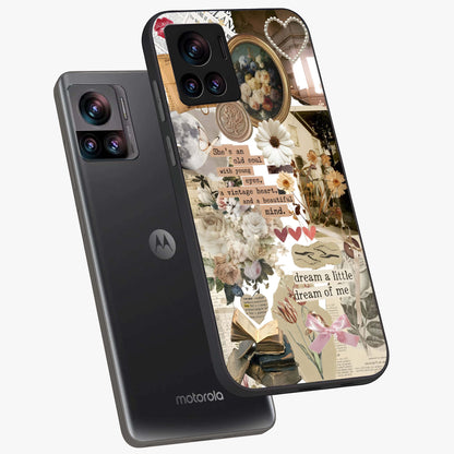 Aesthetic Brown Vintage Collage Glass Case displayed in angled mockup highlighting vintage aesthetic collage design.