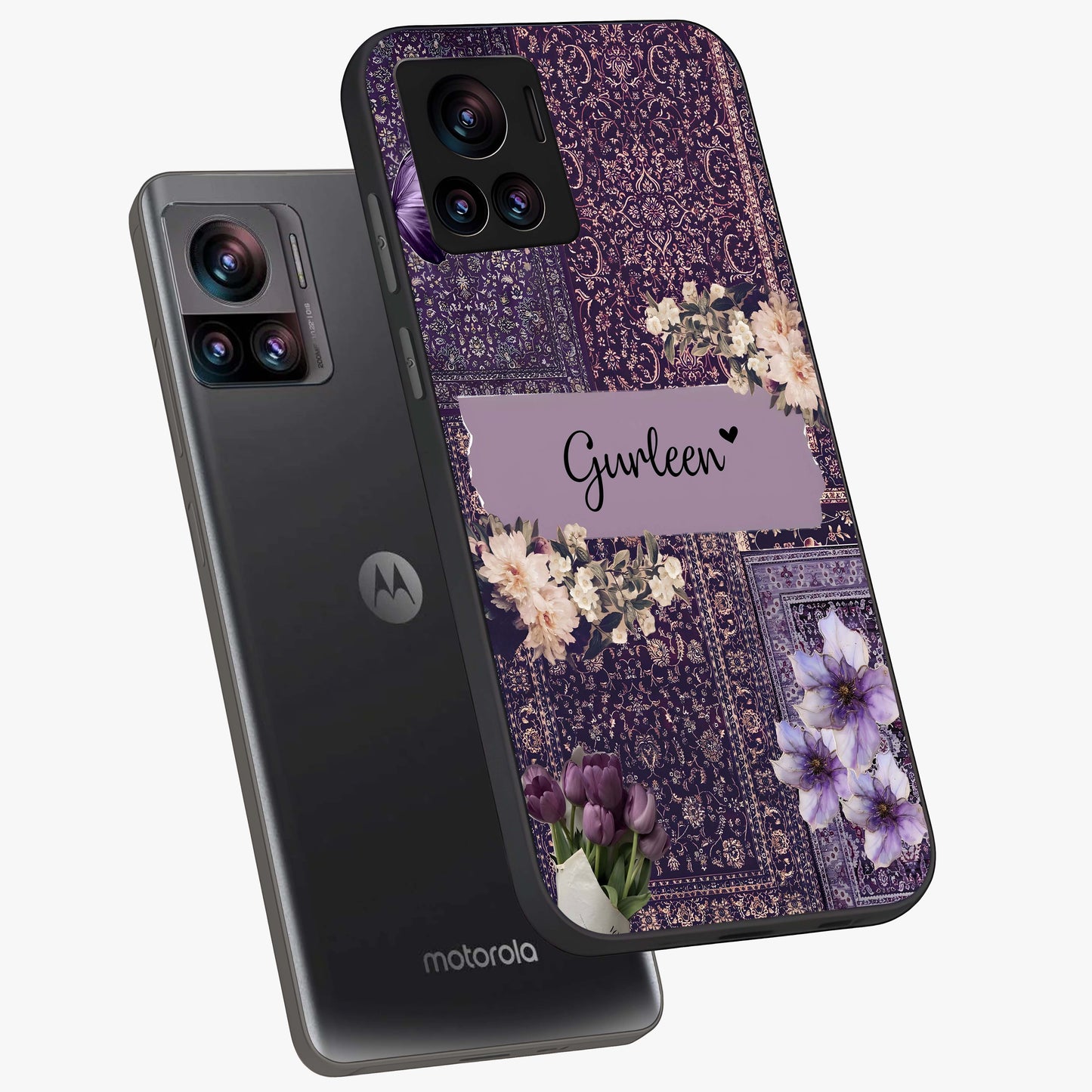 Antique Floral Whisper Custom Name Glass Case displayed in angled mockup highlighting elegant antique floral aesthetic.