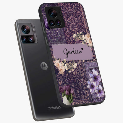 Antique Floral Whisper Custom Name Glass Case displayed in angled mockup highlighting elegant antique floral aesthetic.