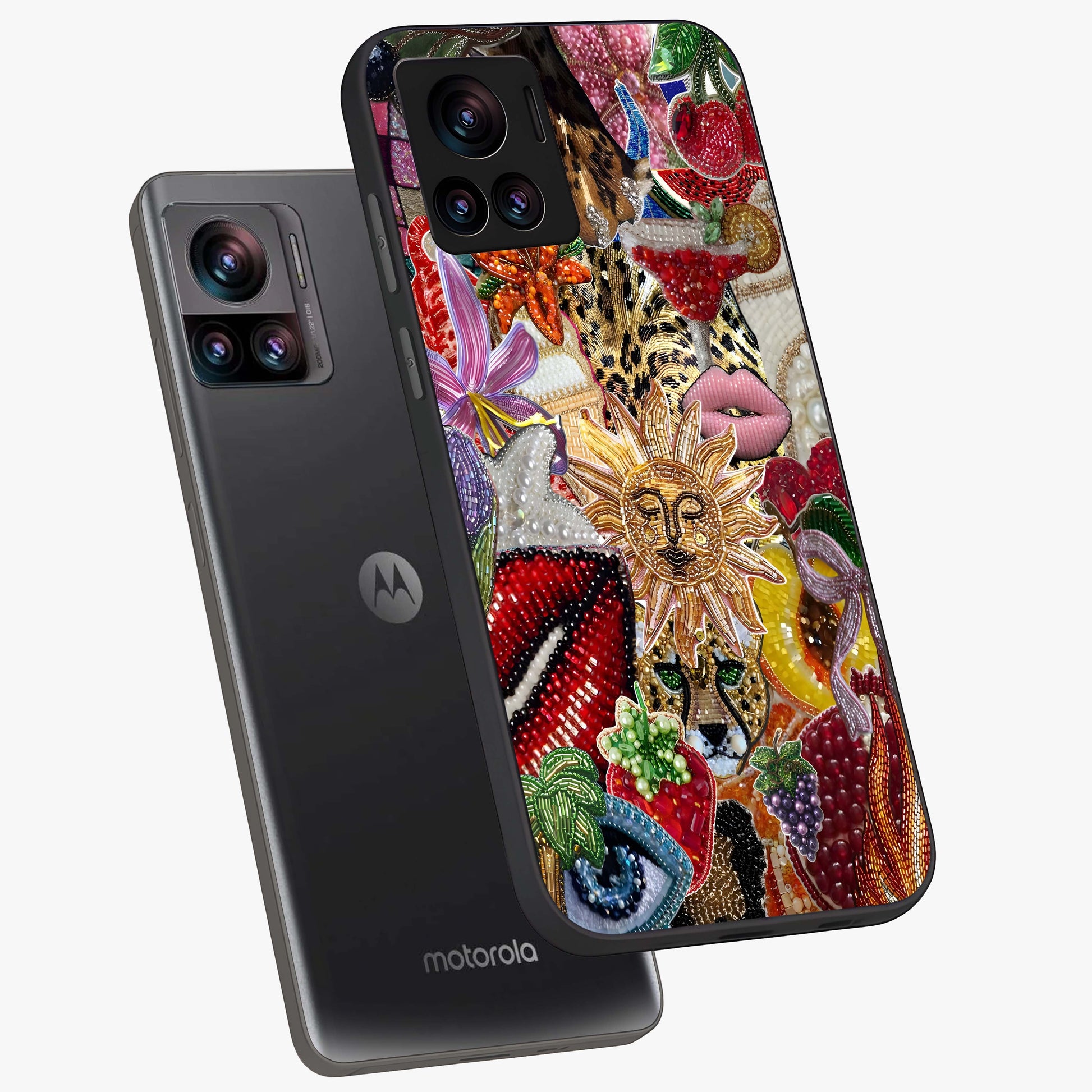 Beaded Fashion Jungle Glass Case displayed in angled mockup highlighting colorful fashion bead design and artistic pattern.