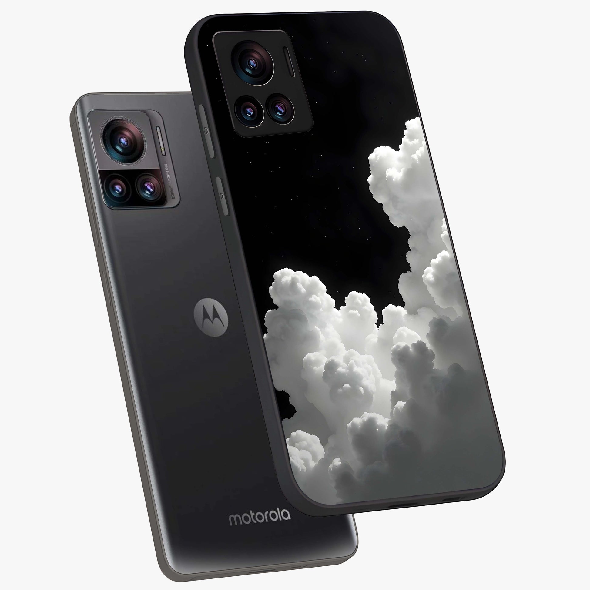 Black Background With White Cloud Glass Case displayed in angled mockup highlighting soft white cloud illustration and minimal design.