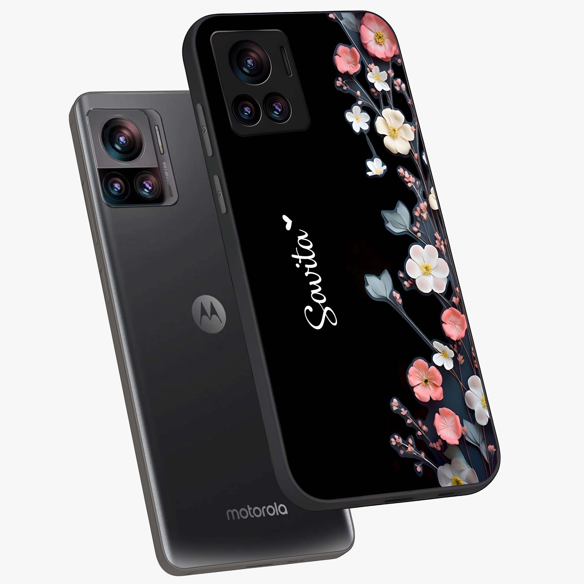 Black Elegance Floral Custom Name Glass Case displayed in angled mockup highlighting dark floral aesthetic and custom name feature.