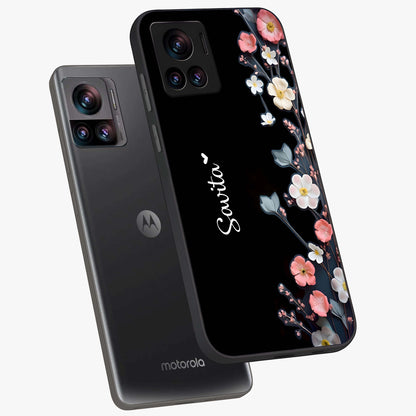 Black Elegance Floral Custom Name Glass Case displayed in angled mockup highlighting dark floral aesthetic and custom name feature.