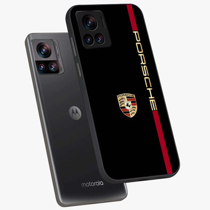 Black Minimal Porsche Glass Case displayed in angled mockup highlighting modern minimal car illustration and clean aesthetic design.