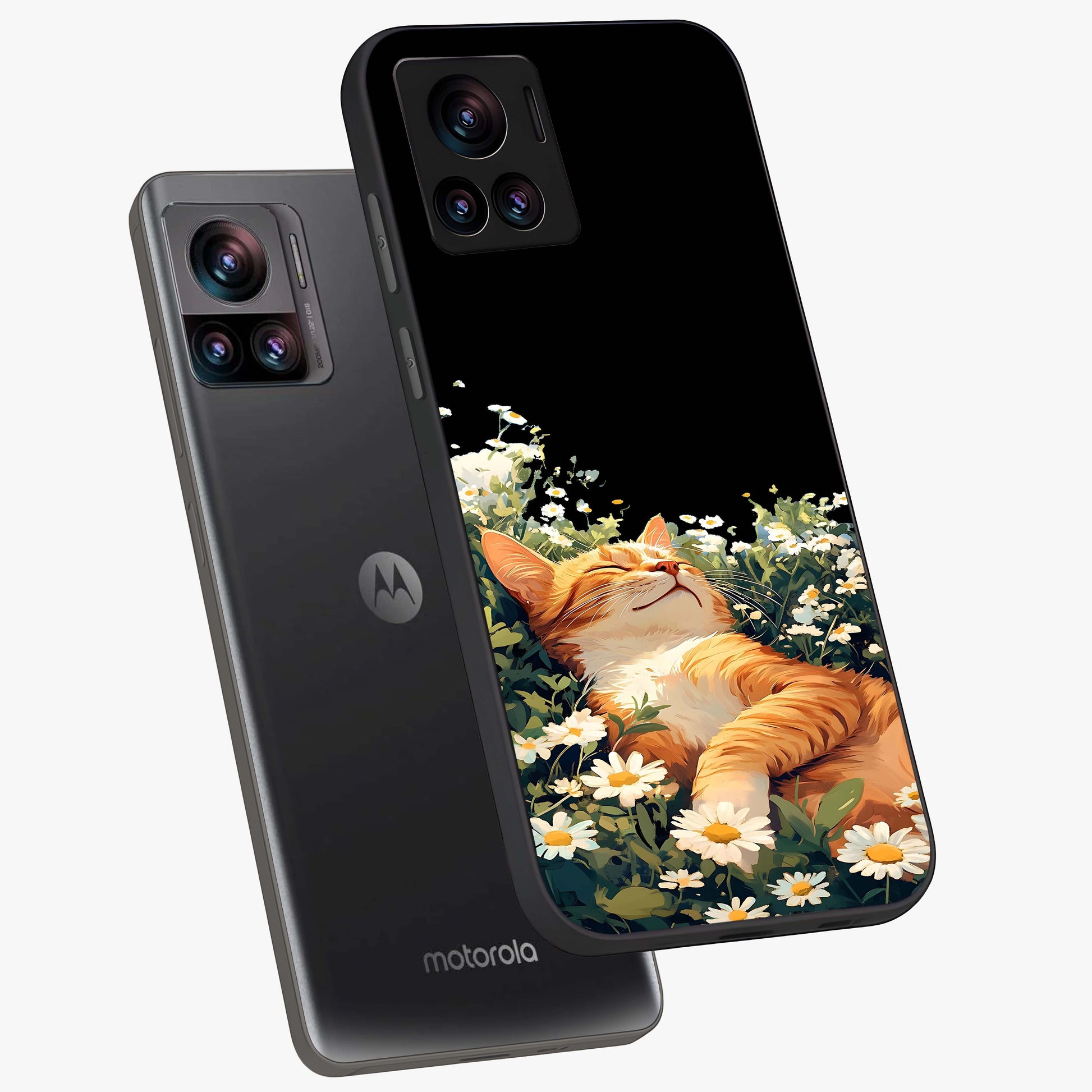 Blissful Bloom Cat Glass Case displayed in angled mockup highlighting playful feline illustration with soft floral aesthetic.