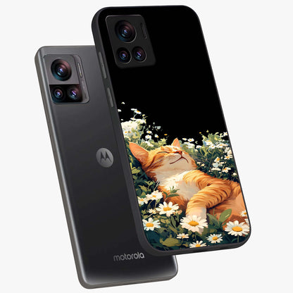 Blissful Bloom Cat Glass Case displayed in angled mockup highlighting playful feline illustration with soft floral aesthetic.