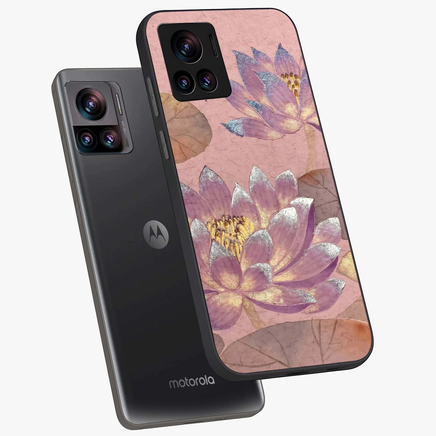 Blossom Mist Lotus Glass Case displayed in angled mockup highlighting delicate lotus illustration with calm aesthetic theme.