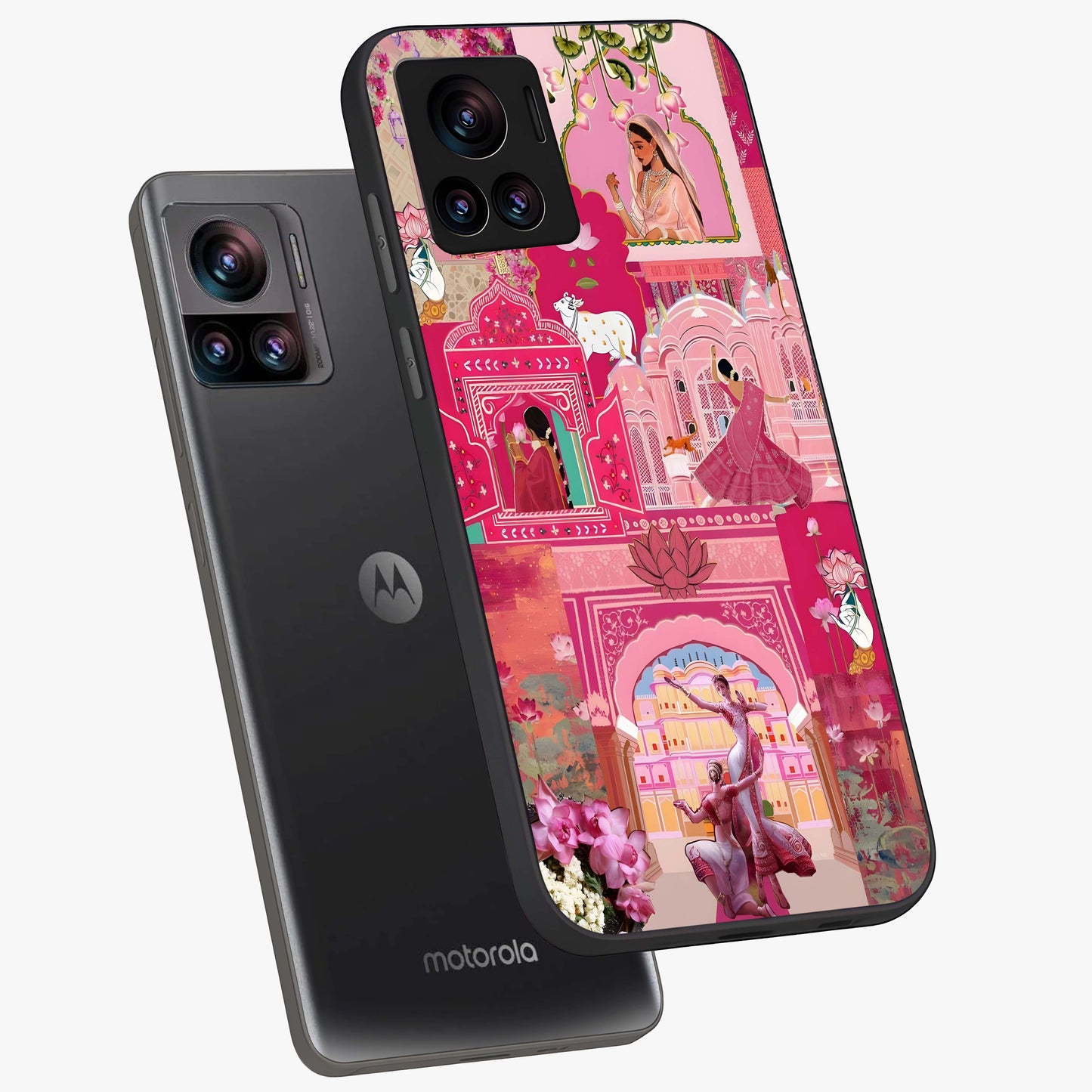 Blossoms of Rajasthan Glass Case displayed in angled mockup highlighting vibrant floral pattern with cultural aesthetic style.