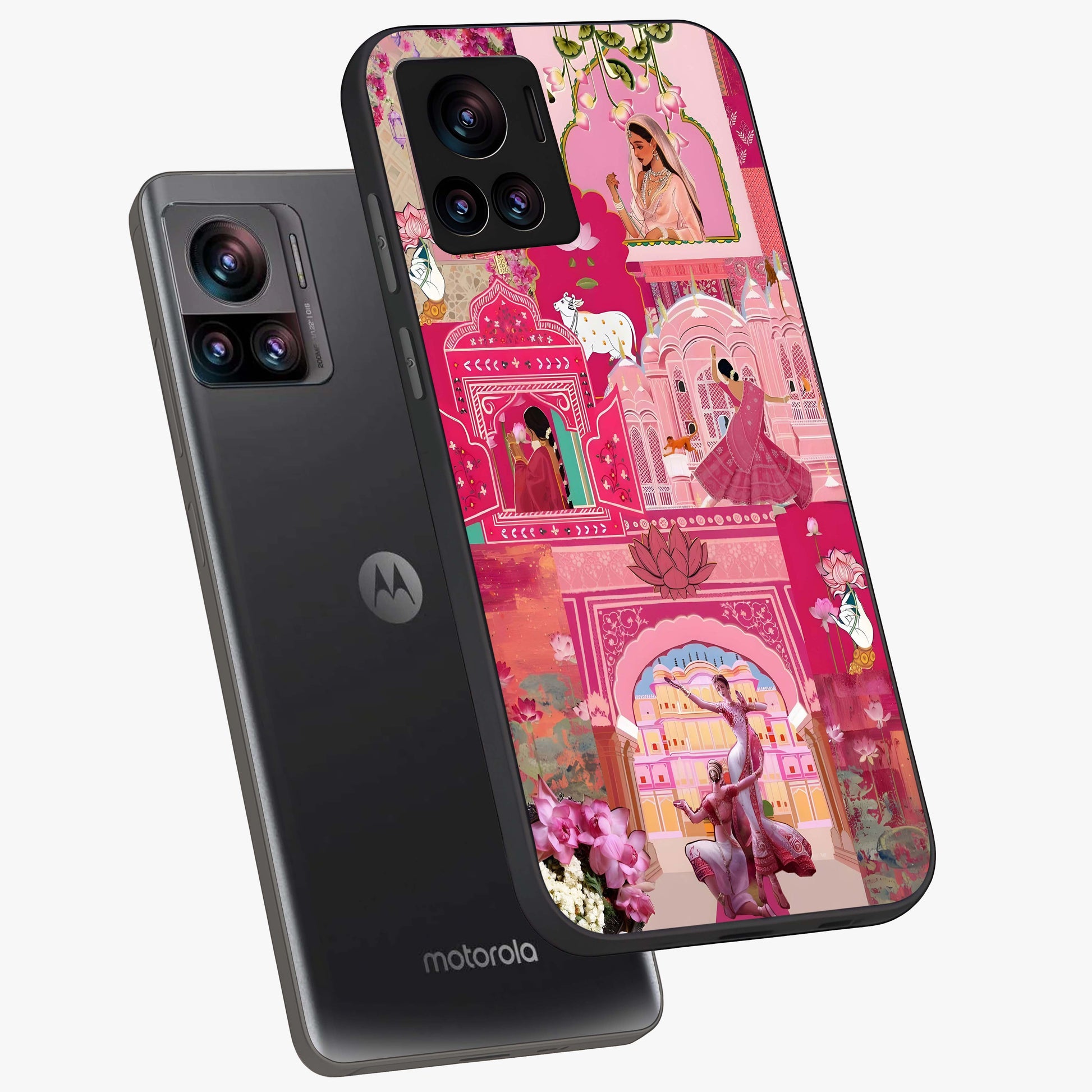 Blossoms of Rajasthan Glass Case displayed in angled mockup highlighting vibrant floral pattern with cultural aesthetic style.