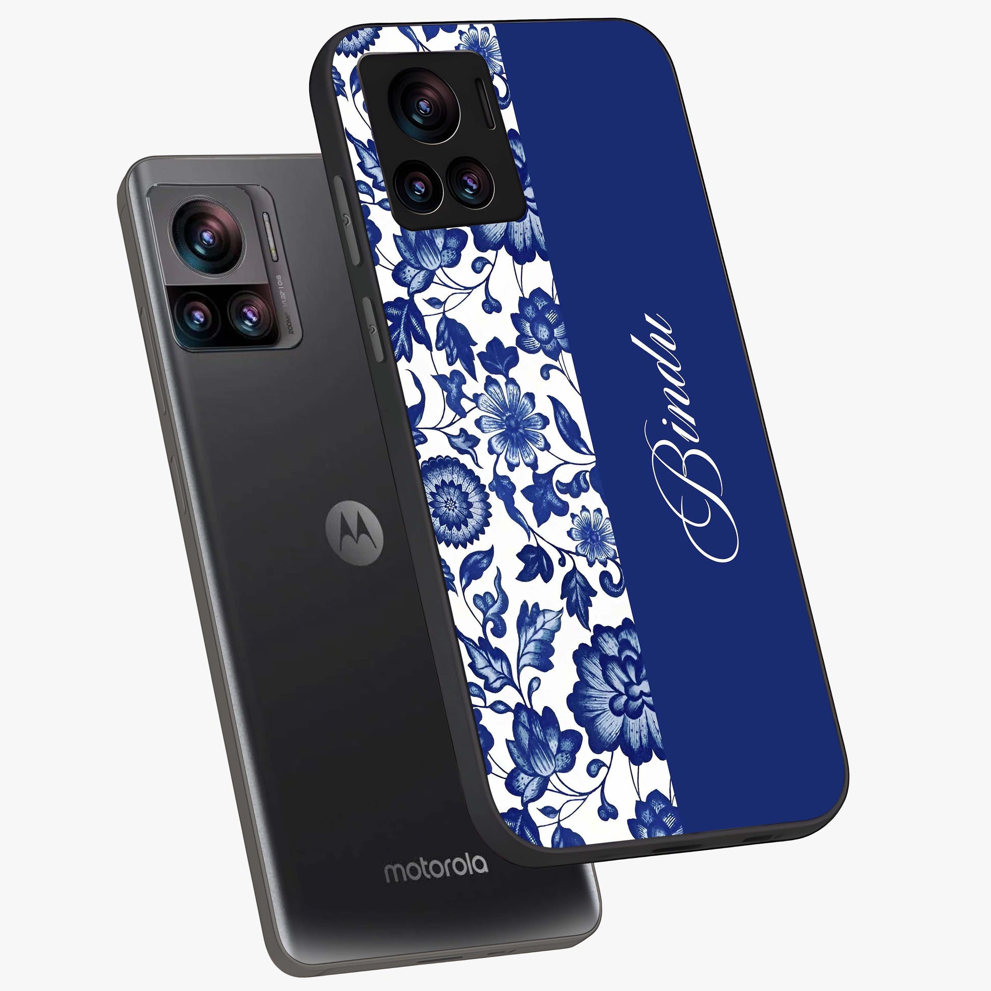 Blue Vintage Floral Pattern Glass Case displayed in angled mockup highlighting subtle bloom pattern with aesthetic pastel design.