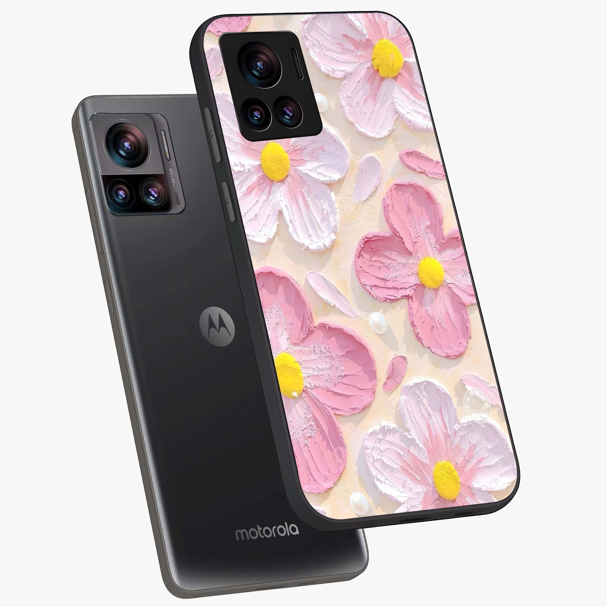 Blush Bloom Texture Glass Case displayed in angled mockup highlighting subtle bloom pattern with aesthetic pastel design.