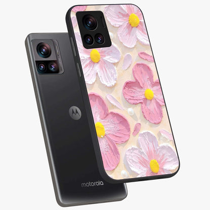 Blush Bloom Texture Glass Case displayed in angled mockup highlighting subtle bloom pattern with aesthetic pastel design.