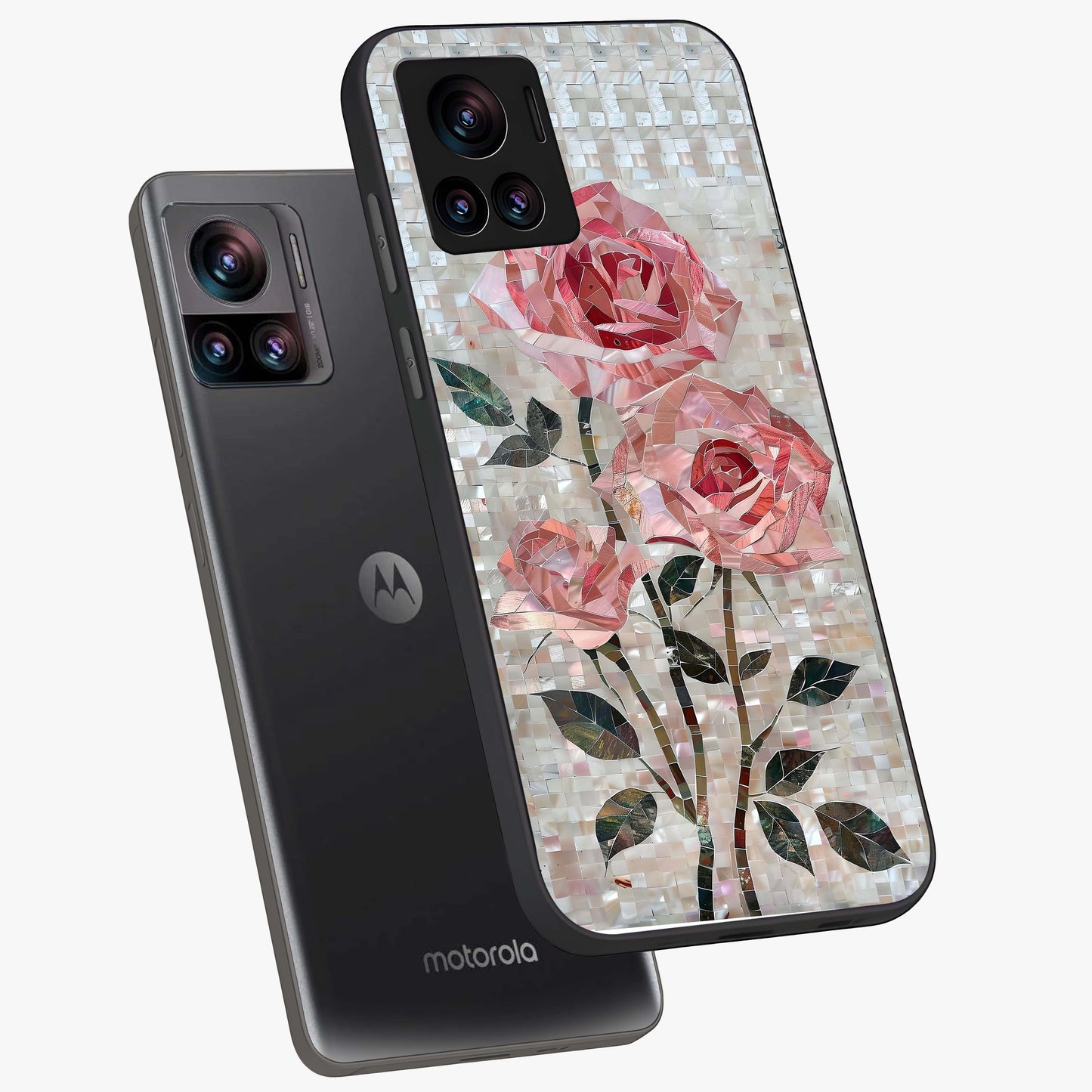Blush Mosaic Bloom Glass Case displayed in angled mockup highlighting artistic mosaic flower pattern with aesthetic design.