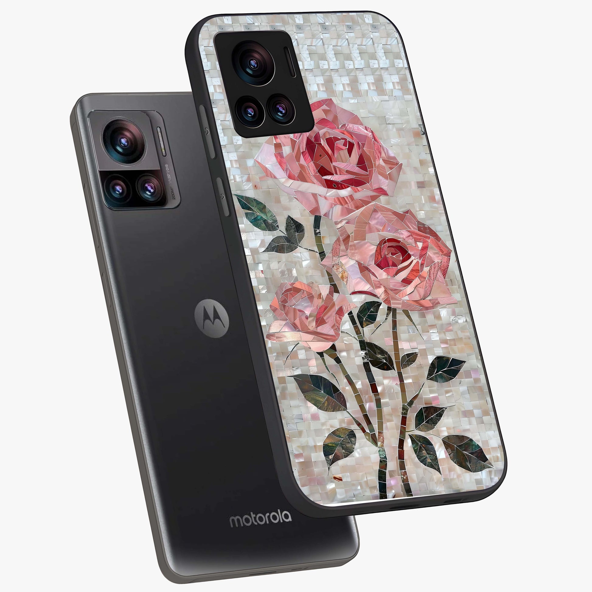 Blush Mosaic Bloom Glass Case displayed in angled mockup highlighting artistic mosaic flower pattern with aesthetic design.