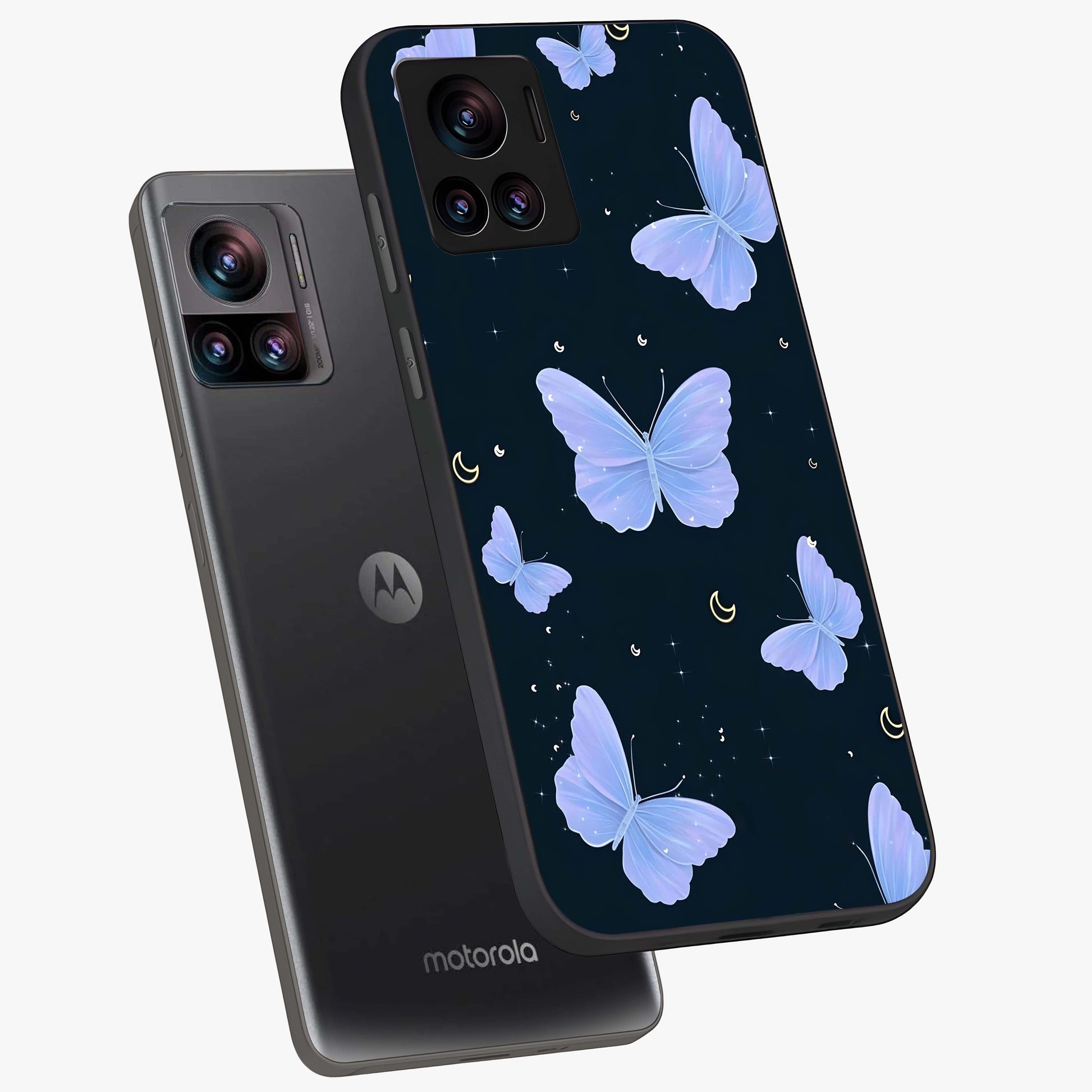 Butterfly With Stars Pattern Glass Case displayed in angled mockup highlighting dreamy butterfly and star design with aesthetic theme.
