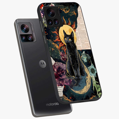 Celestial Black Cat Glass Case displayed in angled mockup highlighting cosmic black cat design with celestial aesthetic.