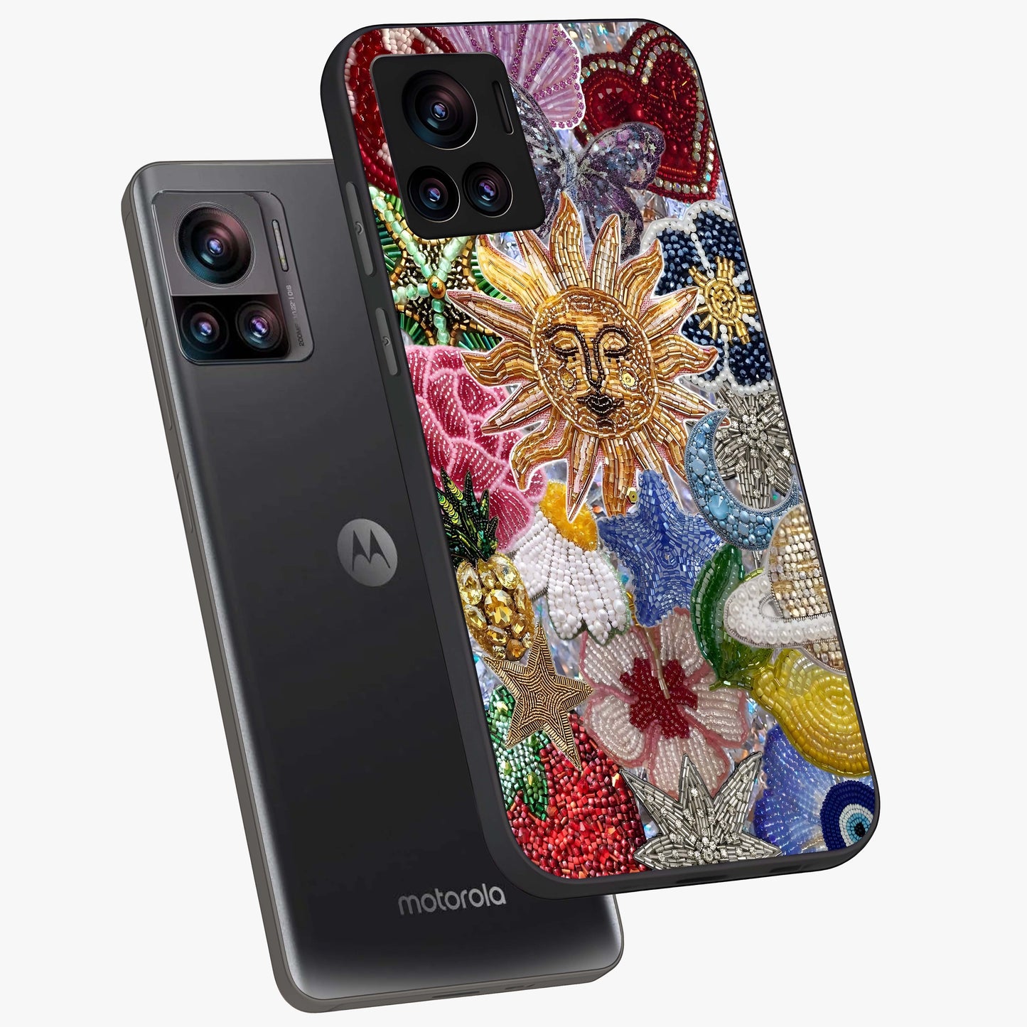 Celestial Floral and Playful Glass Case displayed in angled mockup highlighting playful floral design with dreamy celestial elements.