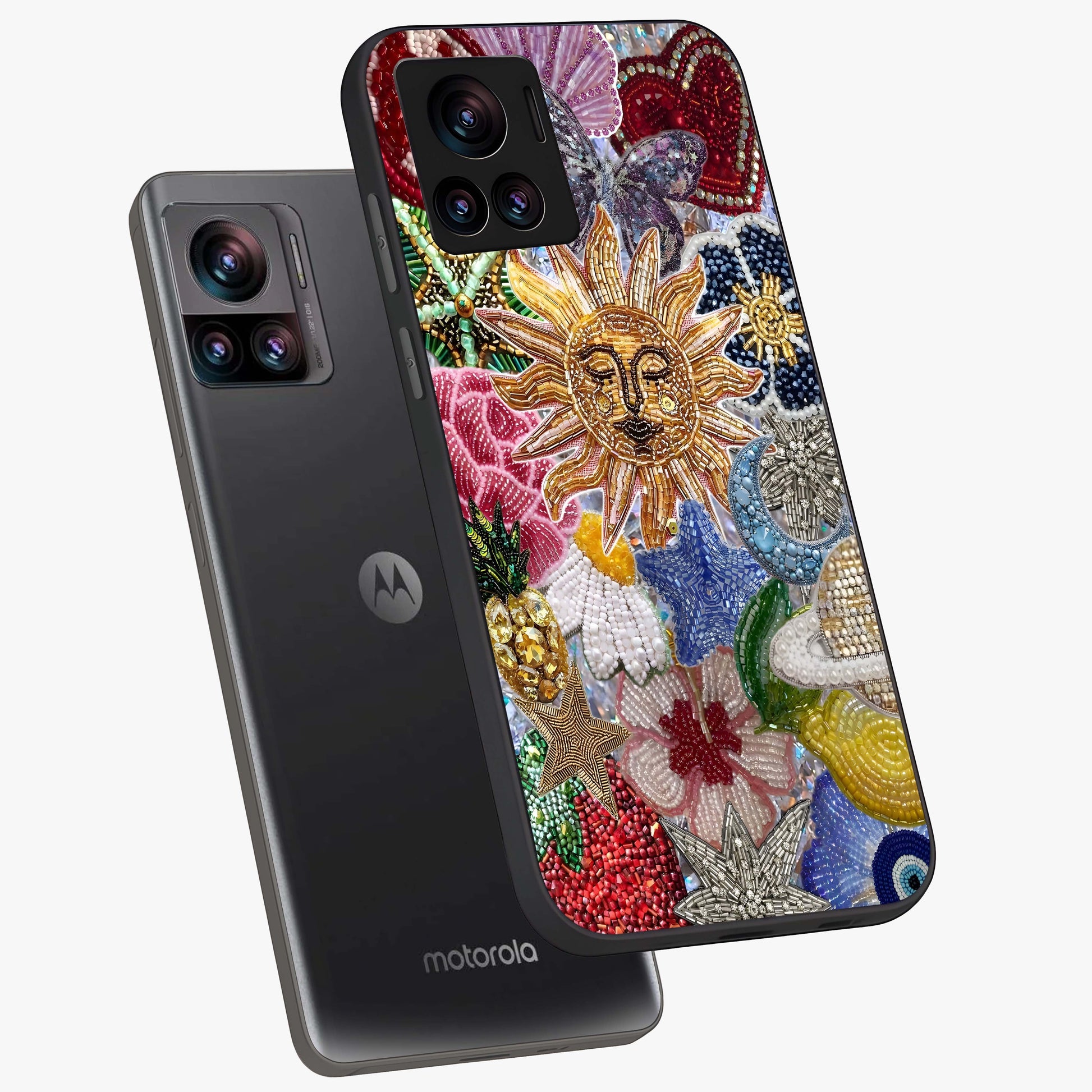 Celestial Floral and Playful Glass Case displayed in angled mockup highlighting playful floral design with dreamy celestial elements.