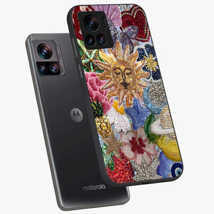 Celestial Floral and Playful Glass Case displayed in angled mockup highlighting playful floral design with dreamy celestial elements.