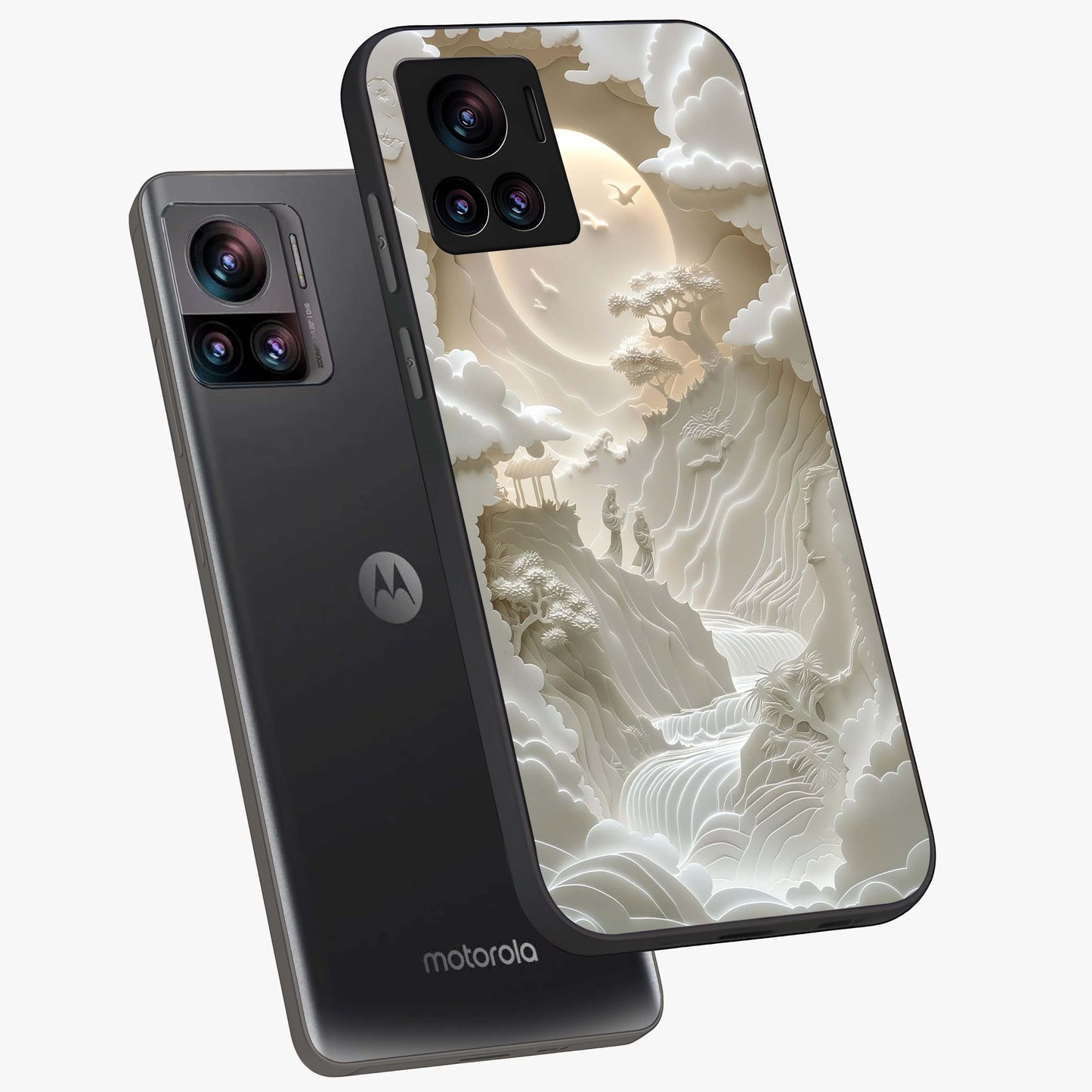 Celestial Origami Glass Case displayed in angled mockup highlighting geometric origami design with cosmic aesthetic theme.