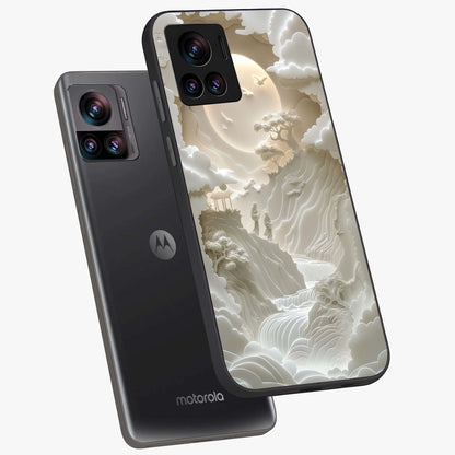 Celestial Origami Glass Case displayed in angled mockup highlighting geometric origami design with cosmic aesthetic theme.