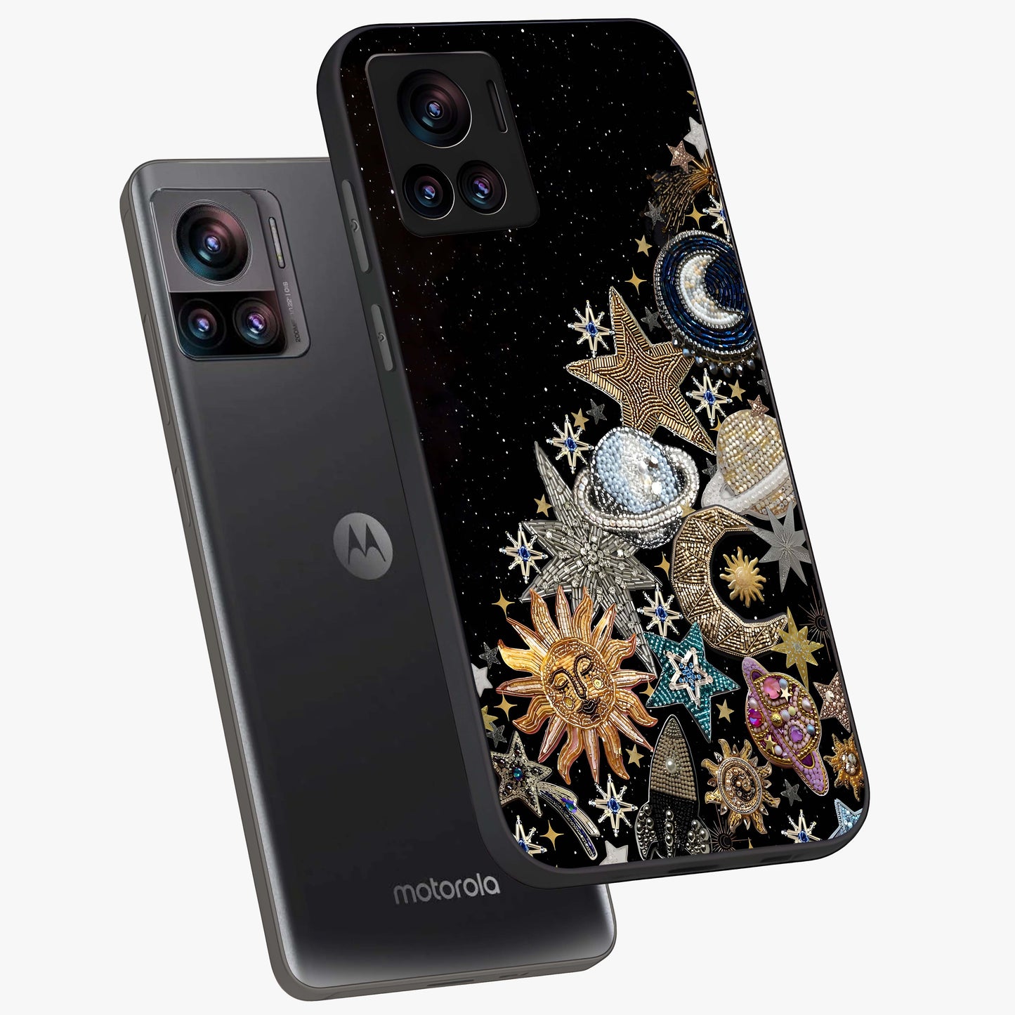 Cosmic Sparkle Dreams Glass Case displayed in angled mockup highlighting dreamy star sparkle design with celestial aesthetic.