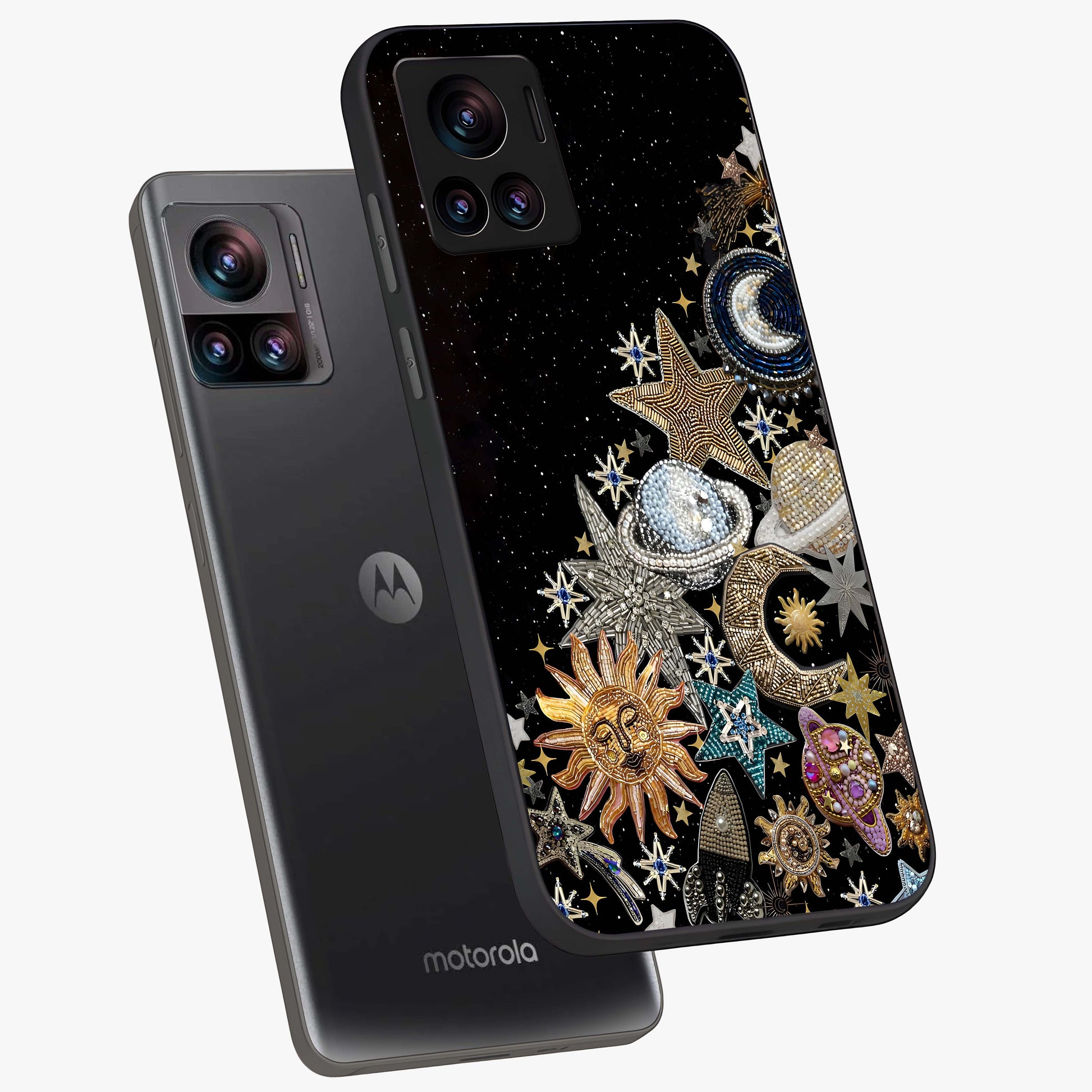 Cosmic Sparkle Dreams Glass Case displayed in angled mockup highlighting dreamy star sparkle design with celestial aesthetic.