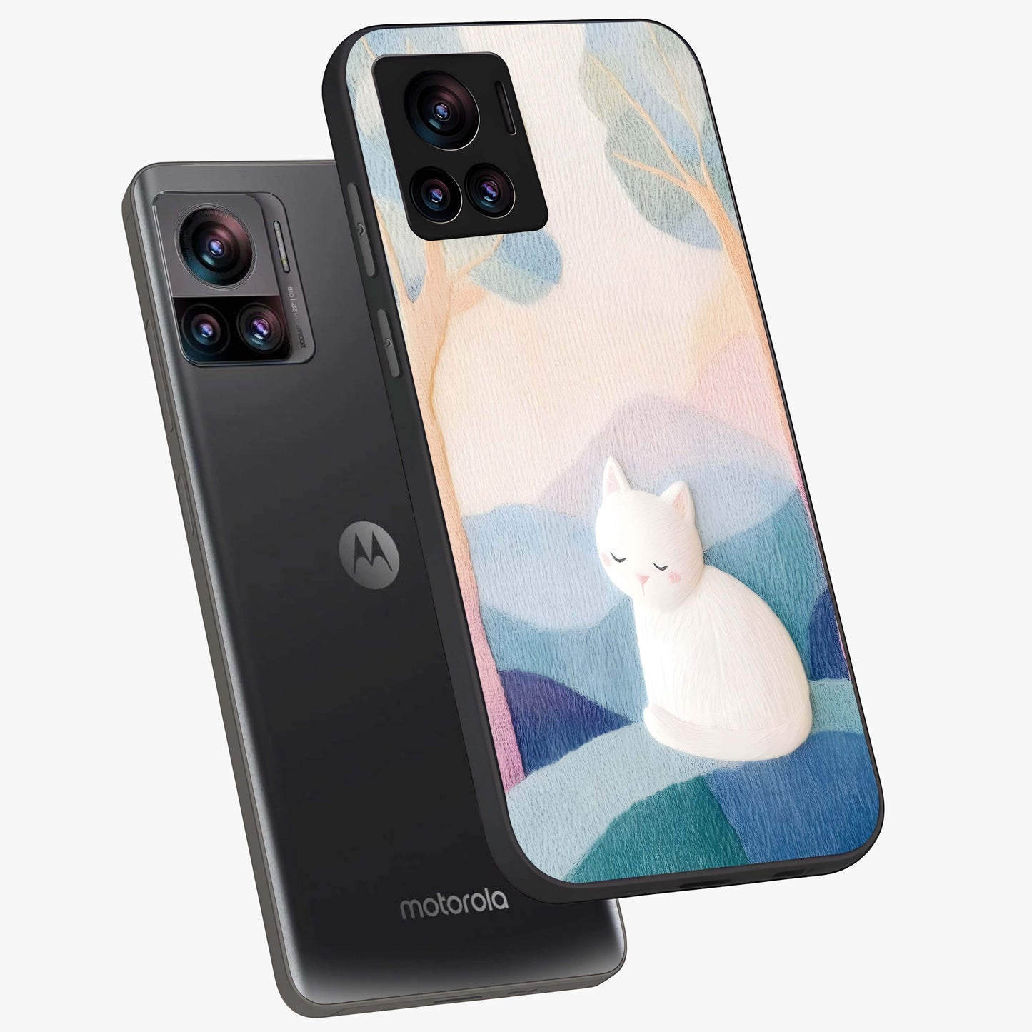 Cotton Dream Cat Glass Case displayed in angled mockup highlighting cute feline illustration with pastel aesthetic style.
