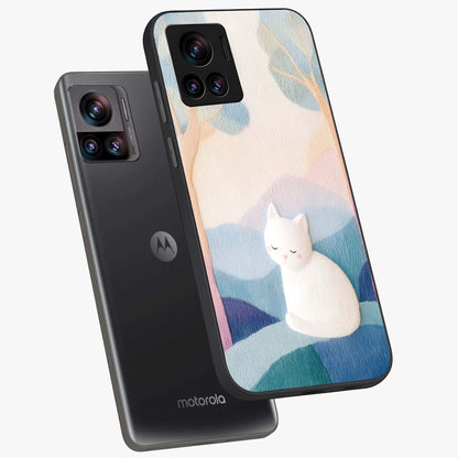 Cotton Dream Cat Glass Case displayed in angled mockup highlighting cute feline illustration with pastel aesthetic style.