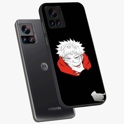 Crimson Chaos Smile Glass Case displayed in angled mockup highlighting edgy crimson smile design with graphic aesthetic.