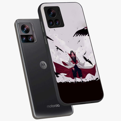 Crimson Crow Ascension Glass Case displayed in angled mockup highlighting powerful crow illustration with dark crimson aesthetic.