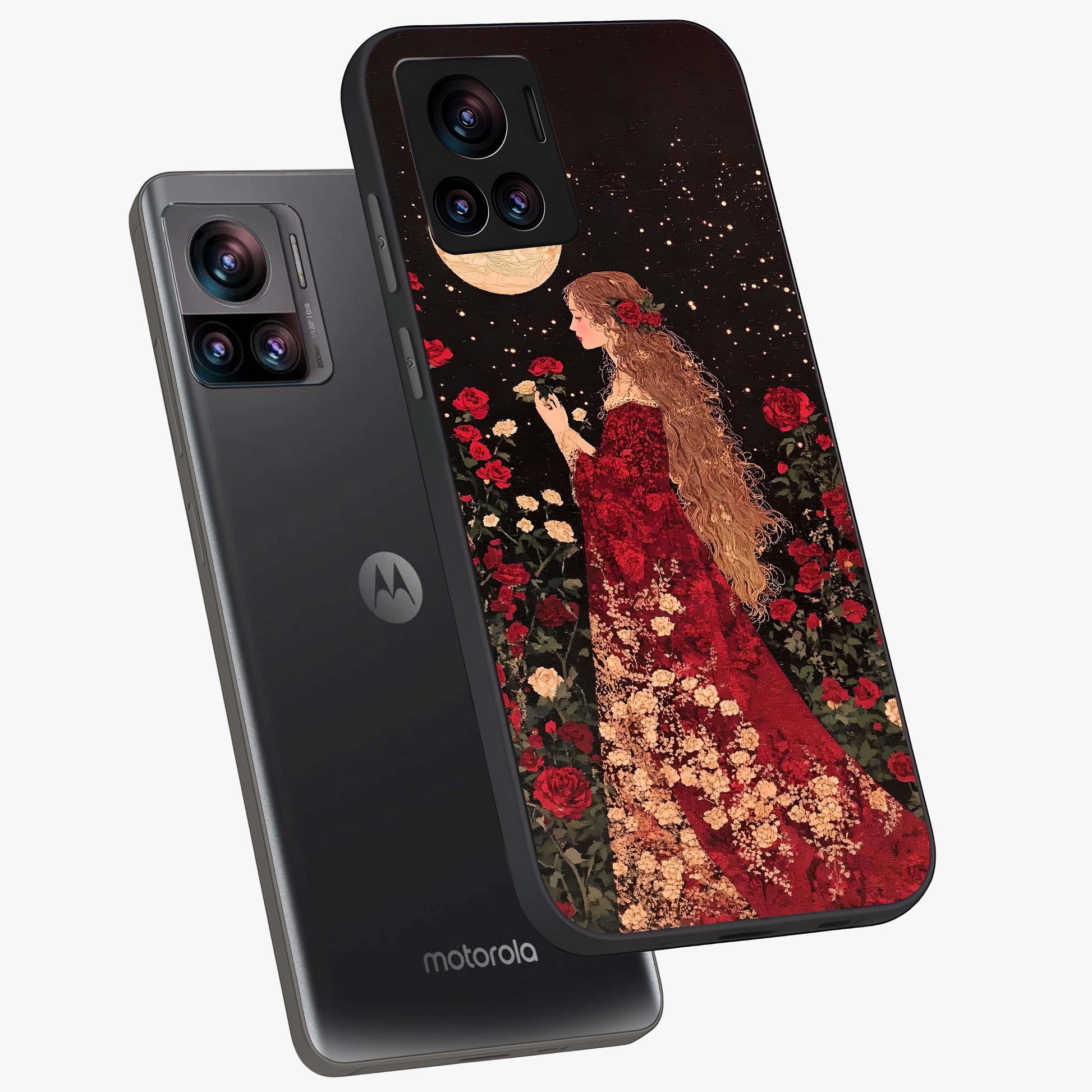 Crimson Dreams Glass Case displayed in angled mockup highlighting soft crimson aesthetic design with artistic theme.