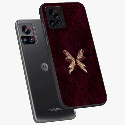 Crimson Fade Butterfly Glass Case displayed in angled mockup highlighting elegant butterfly design with crimson gradient aesthetic.